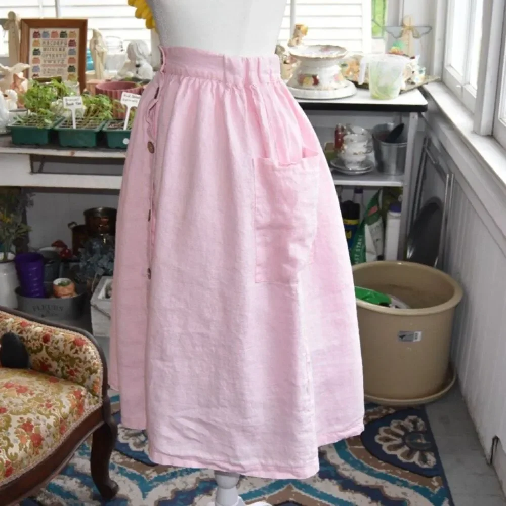 Y2K Does 50s Pink Linen Button Front Midi Skirt Pockets Cottagecore Size S